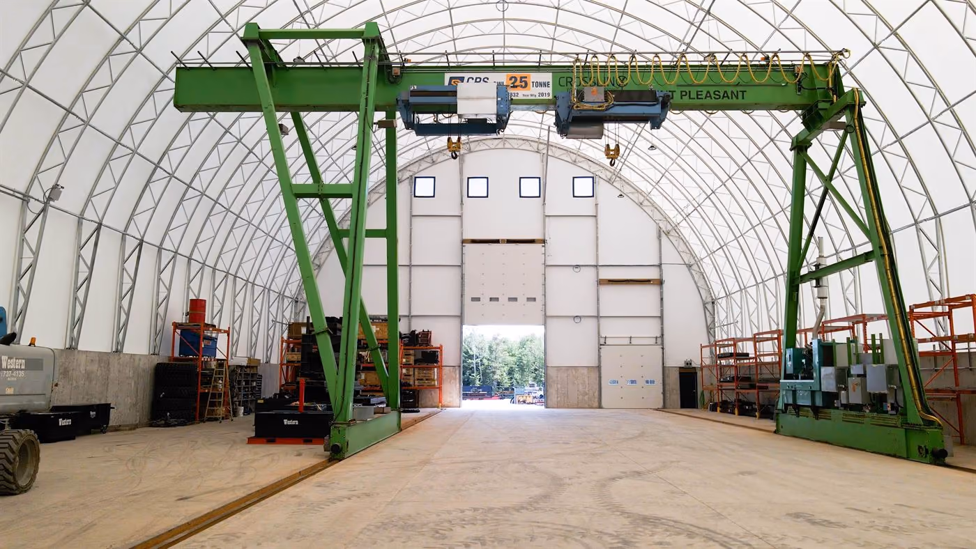 Interior of a Calhoun fabric structure with an overhead gantry crane