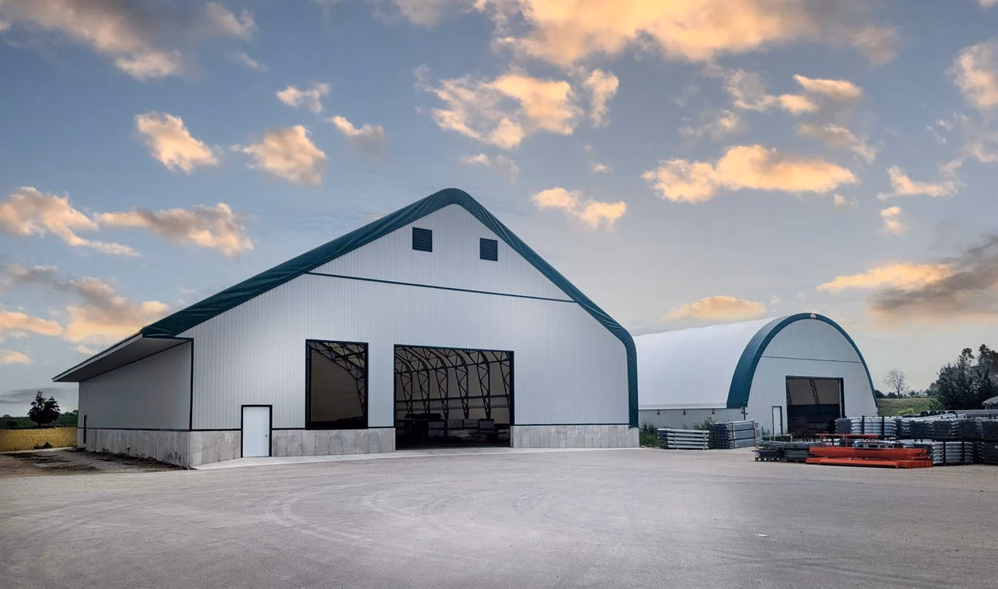 Calhoun fabric storage buildings at dusk
