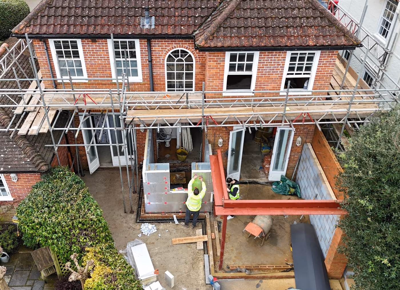 Aerial view of new structural steelwork on a rear extension in Richmond, designed and built by EMA Structures
