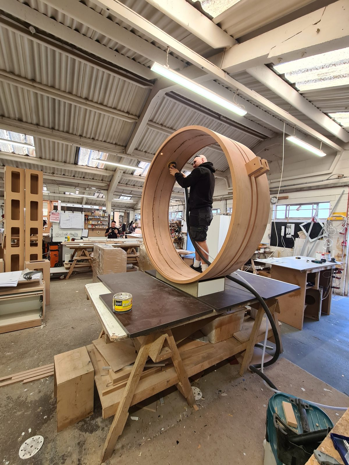 Timber ring structure for the D'Otto display under construction in the workshop