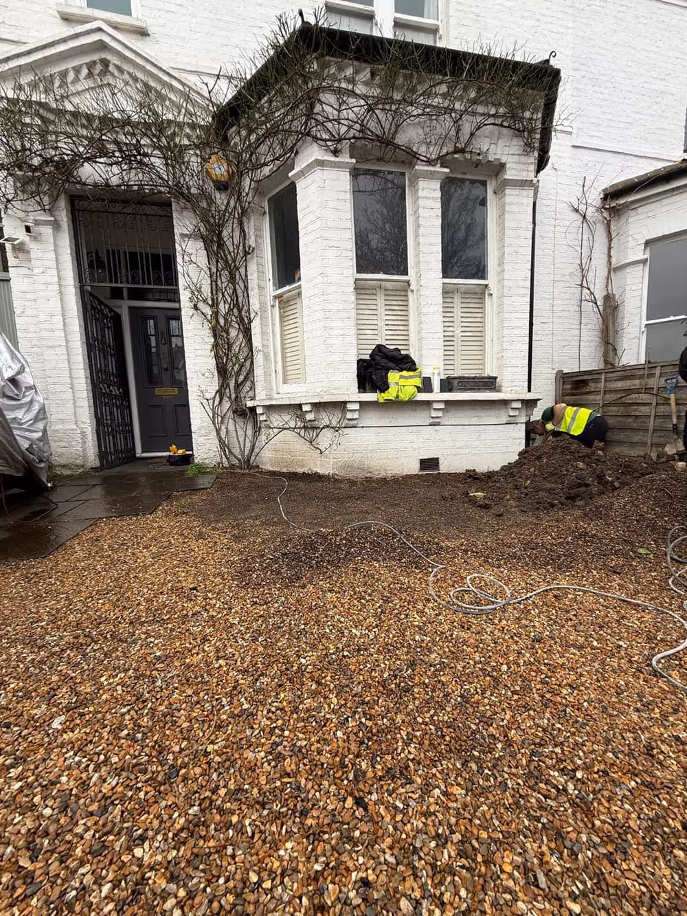 Front forecourt of a London period property ahead of trial pit foundation investigations